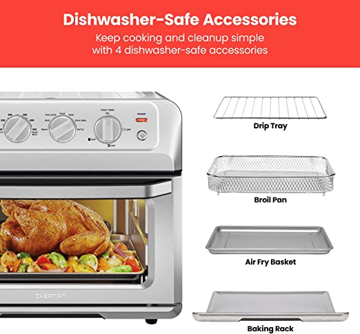 Chefman Toast-Air 20L Air Fryer Toaster Oven, 7-in-1 Combo w/Convection Bake & Broil, Auto Shut-Off, 60 Min Timer, Fry Oil-Free, Nonstick Interior, Accessories & Cookbook Included, Stainless Steel