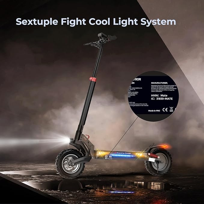 The Front Swingarm Suspensions improve shock absorption, providing better impact protection and horizontal cushioning,  Max 45KM Range, Off-Road E-Scooter with Dual Suspensions & 10'' Inflatable Tires,
