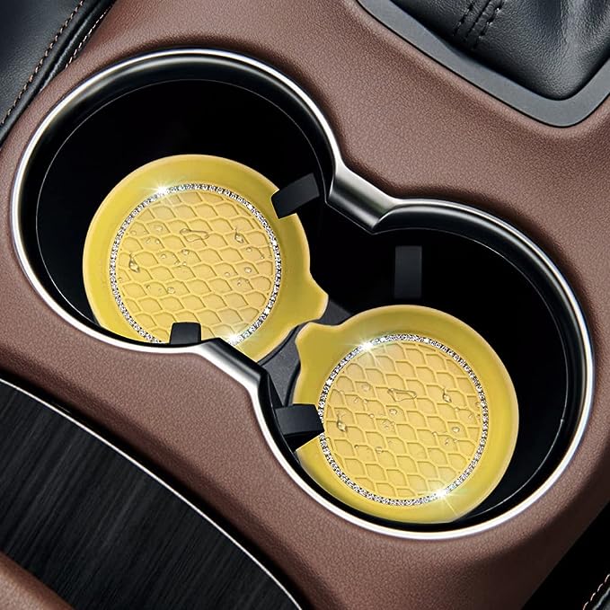 Coasters Non-Slip,  heat resistant, not easily deformed, no odor, unique mesh design, enhanced friction and shock absorption, coaster surface inlaid with a circle of rhinestones, will not fall off, the perfect car interior decorations.
