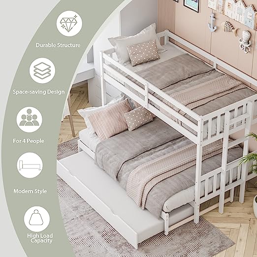 Pull-Out Bunk Bed with Trundle, Twin Over Full, Twin Over 2 Twins Bunk Bed with Ladder