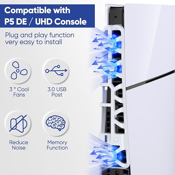 it efficiently ventilates hot air out of your console, ensuring optimal cooling and smooth performance, prolong its life. PS5 Slim Console, Quiet Cooling System with Memory Function and LED Light, Cooler Accessories with 3 High-Speed Fans & USB 3.0 Port