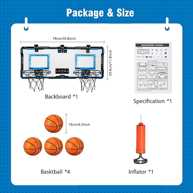 This basketball hoop is a nice toy for 4 5 6 7 8 9 years old boys and girls.Indoor Double Shot Over The Door Basketball Hoop with LED Light, Electronic Scoreboard and 4 Balls for Bedroom