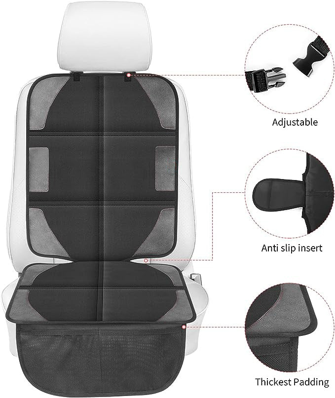 Seat Protector 2 Pack The Car Seat organizer has 2 large boxes and mesh pockets for toys, diapers, and smaller items. It’s also collapsible! Fold it into a small square in seconds,and it is completely non-slip.
