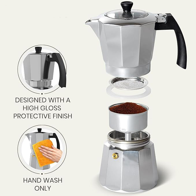MAKES 6 CUPS Easy to use and delivers 6 cups, 60 ml of full-bodied and aromatic coffee. Simply fill the base with water, Espresso Maker
