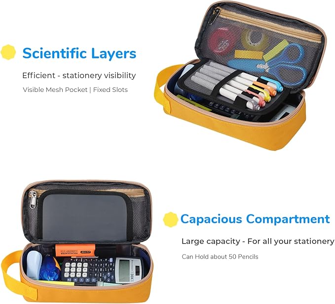 The pencil box has a 3 Layer Fabric Structure with neat orderliness and sturdiness.Portable Pencil Pouch Aesthetic with Handle, Zipper Cases for Office Organizer Yellow Pencil Cases