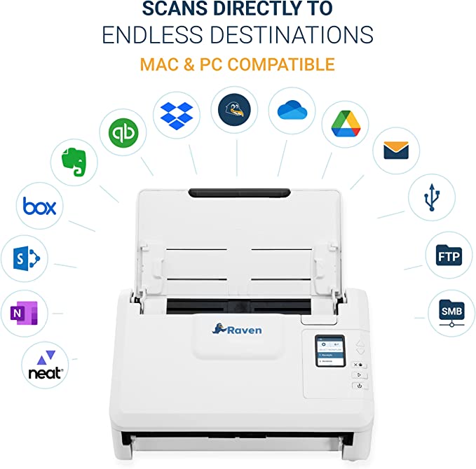 Raven Select Document Scanner for Windows PC and Mac Computer, Color, Two Sided Duplex, Auto Document Feeder (ADF), Scan to Cloud, Home or Office Desktop, USB