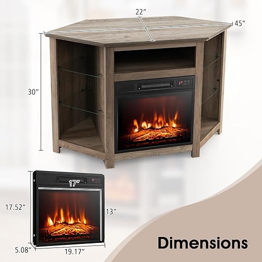 : This corner fireplace TV stand features a powerful electric fireplace with a touch panel that allows you to easily turn on/off the power,Electric Fireplace, Remote & Smart APP Control,