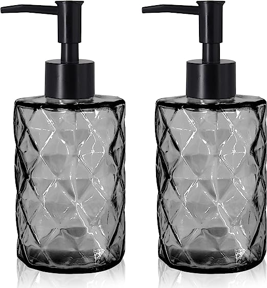 Glass Soap Dispenser with Black Durable Plastic Pump - Hand and Dish Soap, Essential Oil and Lotion Dispenser Kit for Kitchen Bathroom - 2 Pack