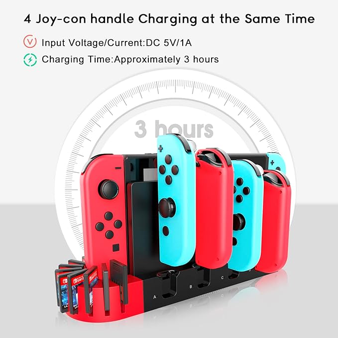 The product adopts exquisite structure design, this will not take up too much space on the desktop.  Charging Station for Nintendo Switch& OLED, Extension Charging Dock with 9 Game Card Storage