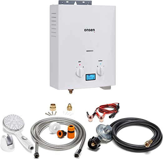 Onsen - 5L Portable Tankless Propane Water Heater - Dual Ignition System - Instant Hot Water - for Camping & Outdoor Use Only - with LED Screen, Premium Shower Head, & 12-Volt Alligator Clips