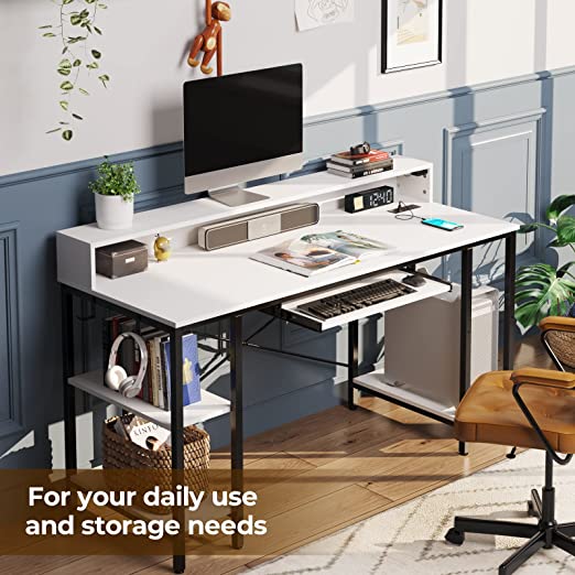 LED Lights Desk with Storage Shelf, Power Outlets, Height Adjustable Electric