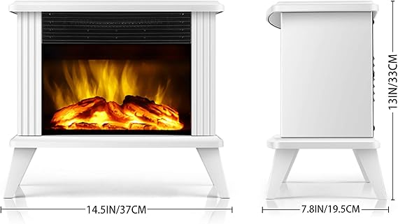 automatic protection is started up and the product will stop working, Electric Fireplace Tabletop Portable Heater, 1500W, White Metal Frame