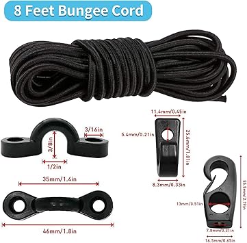 cord is marine grade perfect for long trips, J hooks and pay eyes and kayak cord hooks are made of strong and durable POM plastic, 8 Feet Bungee Cord with Bungee Cord Ends Hooks and Tie Down