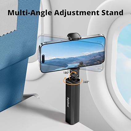 The airplane phone holder features an aluminum exterior, enhancing its beauty and durability, Universal 360° Rotatable Cell Phone Stand for Travel,Hands-Free,Pocket-Sized,Airplane Phone Mount for Handheld Shooting
