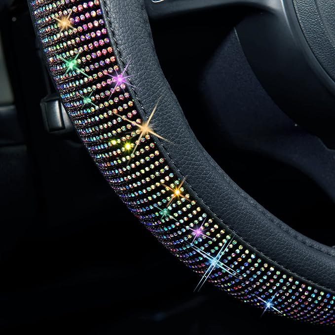 Diamond Leather Steering Wheel Cover, cute steering wheel cover not only bringing you an excellent visual feel, but also relieving you from driving fatigue, more comfortable and soft touch. Colored Diamond steering covers sparkle in the sun,