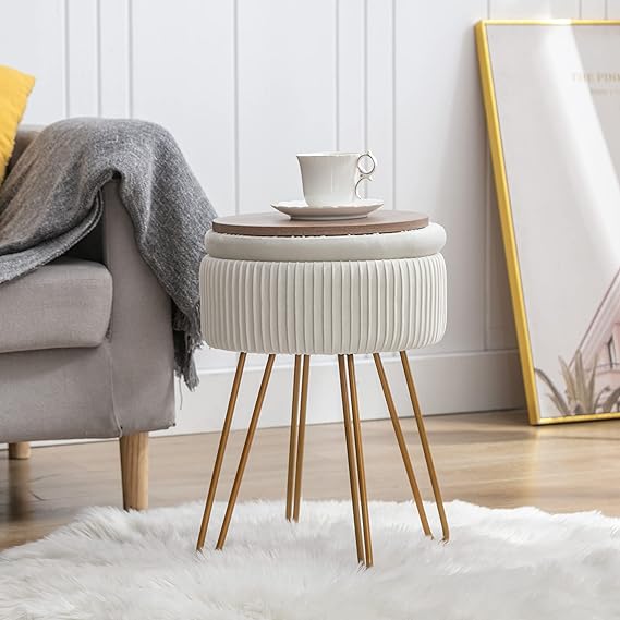 this ottoman maintain better balance by adjusting the length of the screw rotation, Round Footrest with Metal Legs Upholstered Chairs for Makeup Storage Stool for Living Room