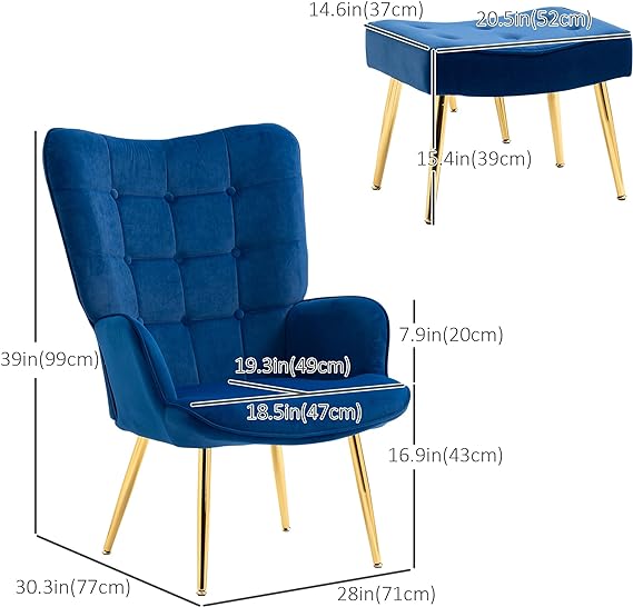 Metal Legs for Living Room, Bedroom, Accent Chair with Ottoma, Blue