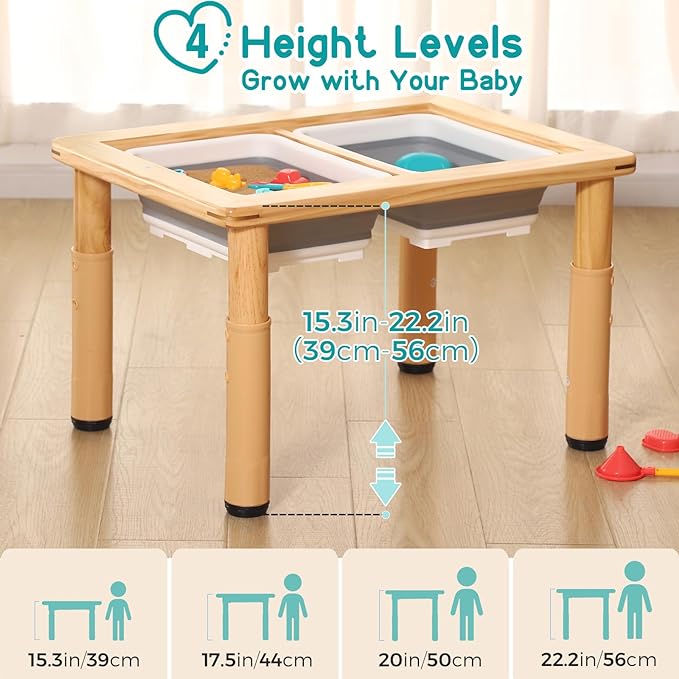 kids sensory table cover is crafted from high-quality plywood, ensuring it remains sturdy and resistant to warping.4-Level Height Adjustable Kids Sensory Table with Anti-Warping Plywood Lid, Indoor/Outdoor Play Sand and Water Table