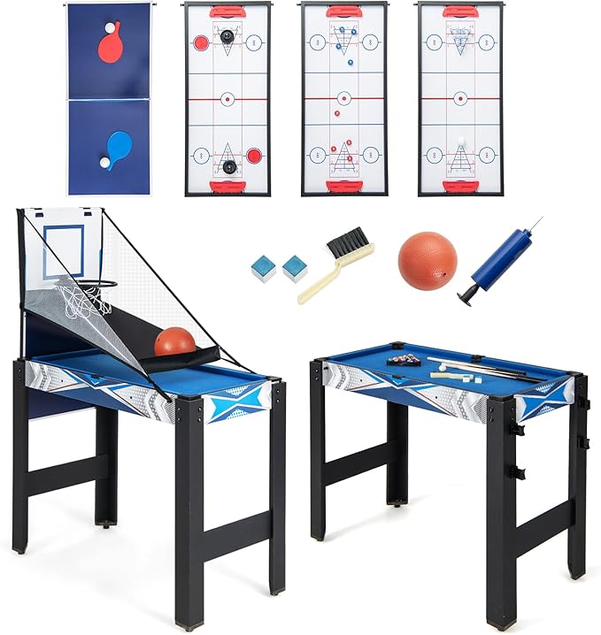 table tennis, hockey, bowling and shuffleboard. Besides, the combo game table comes with complete accessories to enhance the gaming experience , Multi Game Table, Game Table with Basketball, Air Hockey, Pool Table, AND MORE