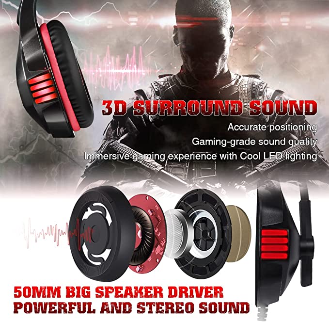 Gaming Headphones with Noise Cancelling Mic LED Light