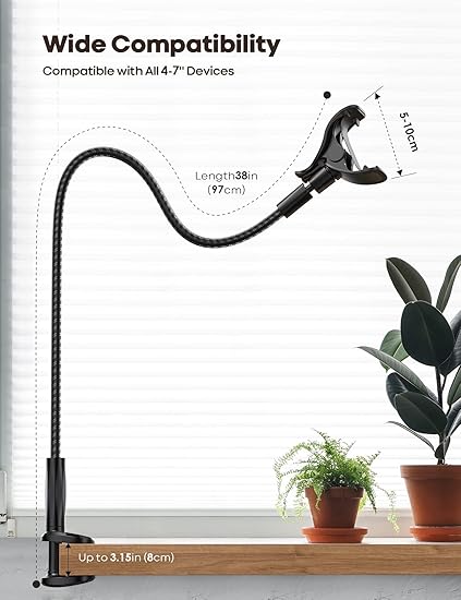 Flexible Arm, Overall Length 38in, 360 Adjustable Clamp Clip, Overhead Cell Phone Mount Stand for Bed,