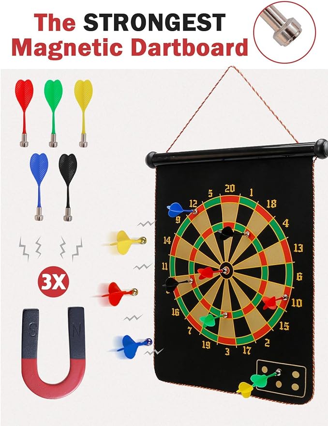portable travel. The board game comes with a beautifully printed rectangular box with a high-quality dartboard and 15 darts in five different colors. Magnetic Dart Board for Kids and Adults,