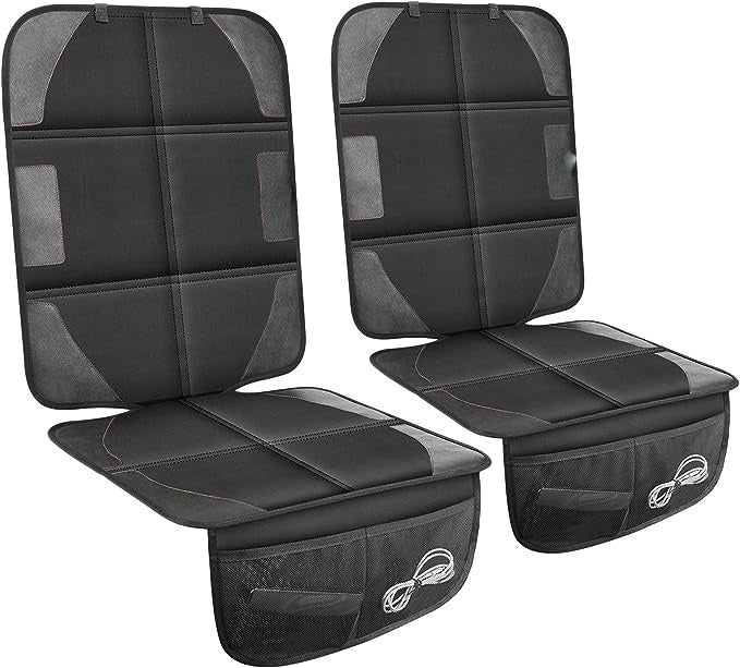 Seat Protector 2 Pack The Car Seat organizer has 2 large boxes and mesh pockets for toys, diapers, and smaller items. It’s also collapsible! Fold it into a small square in seconds,and it is completely non-slip.