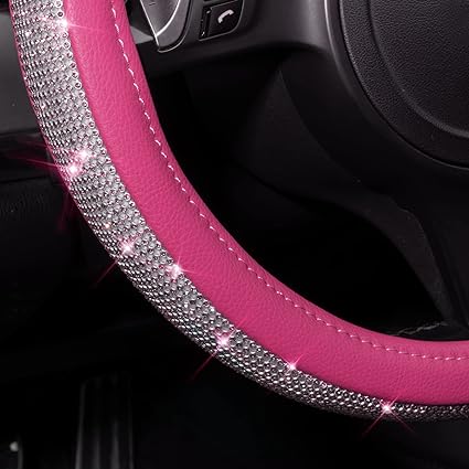 mullticolor Crystal Steering Wheel Cover made of durable microfiber leather and pink diamond,  Pink Leather Steering Wheel Cover, with Bling Crystal Rhinestones Universal Fit 14