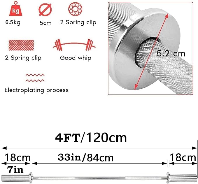 4 ft bar made of durable heavy-duty solid chromoly steel, holds 110kg (220lbs) and is suitable for all types of lifts,  4ft Barbell Weight Bar Solid Steel Weightlifting