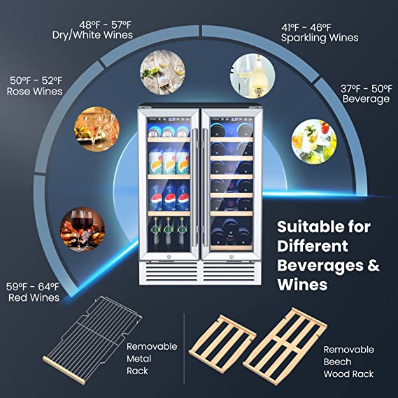 24 Inch Wine and Beverage Refrigerator Cooler, 19 Bottles and 57 Cans Dual Zone Beverage Fridge Cellar with Memory Temperature Control, 2 Safety Lock, LED Light, Built-In or Freestanding 2-in-1