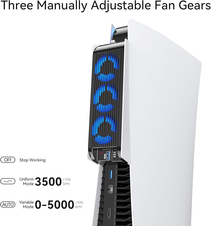 helping your device stay cool and run smoothly. There are 2 fan settings: Low and High.Horizontal Cooling Fan for PS5, Upgraded Quiet Cooler Fan with LED Light and USB3.0 Hubs for PS5 Disc and Digital Edition,