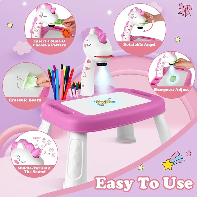 This drawing table is the latest model, which is bigger than the old model and suitable for children.P.S. It has a switch with 3 positions. Drawing Projector,Arts and Crafts for Kids,Include Drawing Board with Music,Watercolor PENS