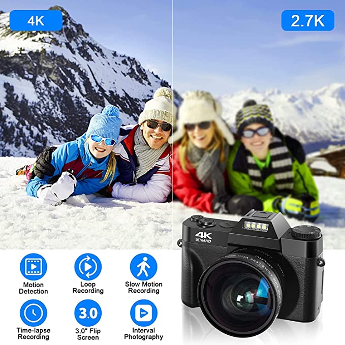 Vlogging Camera, Acoletty Digital Camera for Photography, YouTube Vlog Camera 4K Ultra HD 48MP with SD Card, 16X Digital Zoom, 180 Degree 3