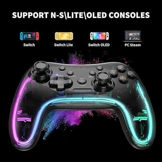 plus 3 different light modes building your own exclusive gaming ambiance, Controller Compatible with Switch/Lite/OLED,Wireless Switch Controller Support 6-Axis Gyro, Turbo/Vibration