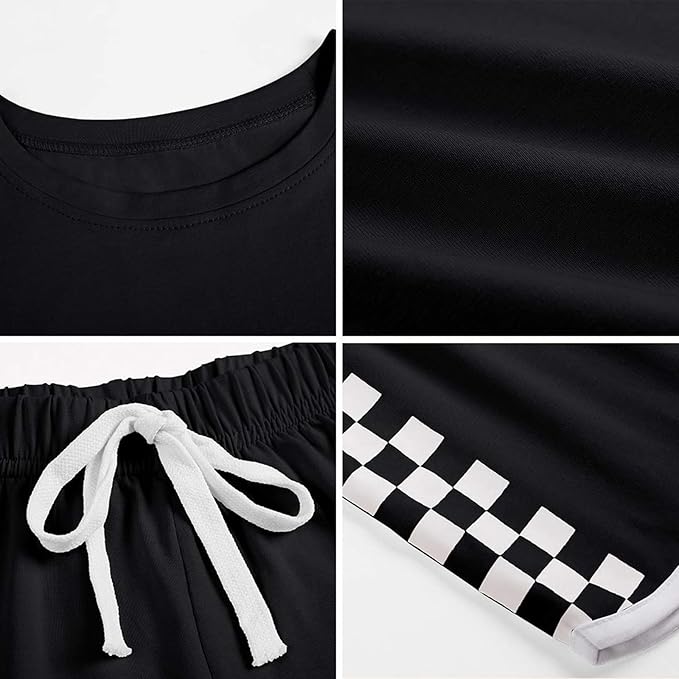 kids tracksuit features a short sleeve crop tops tees and high waist shorts, and some plaid on the sides. The girls crop top and high waisted shorts, Short Sleeve Crop Top + Plaid Shorts Set Kids Sports Tracksuit