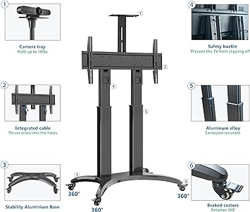 The arc design concept, plus two aluminum made columns design, Mobile TV Cart for 65-85 Inch Flat Screens, Rolling TV Stand with Load Capacity up to 125lbs