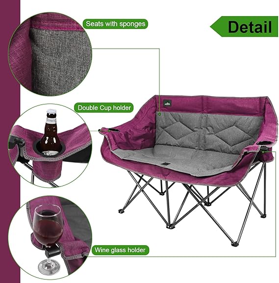 This double camping chair provides ample seating space for two people,  Chair Portable Double Duo Full Padded Garden Chair for 2 Person Sofa w/ 2 Cup Holder,Wine Glass Holder,