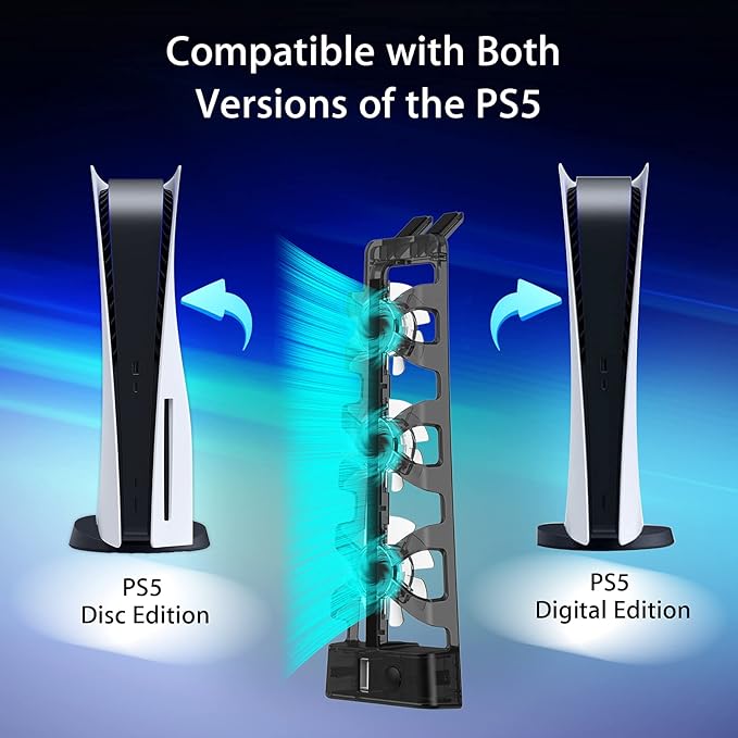 fans that help quickly dissipate excess heat created by the P-5 console, greatly improving the console's lifespan and performance. PS5 Accessories Cooling Fan with LED Light, Auto on/Off with System, Efficient Cooling System, Easy to Install,