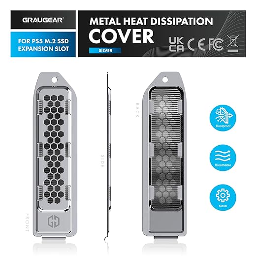 PlayStation 5 and improve the thermal performance of SSDs installed in expansion storage slots. Metal Heat Dissipation Cover for PS5 M.2 SSD Expansion Slot | Suitable for PlayStation 5 M.2 NVMe SSD w/ Heatsink | Breathable Hollow Cellular Hole