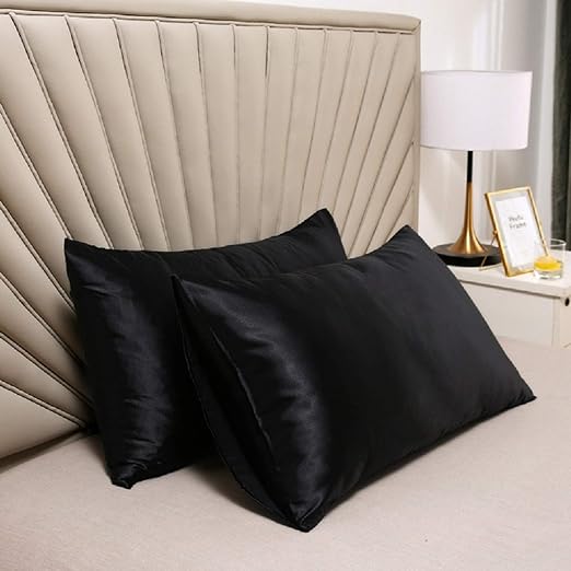 Satin Cooling Pillow Covers with Envelope Closure, 20x26 Inches,  Black Silk Satin Pillowcases Set of 2