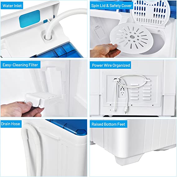 Twin Tub Washer with Spin Dryer, 26lbs Capacity, Built-in Drain Pump, Portable Laundry Washer