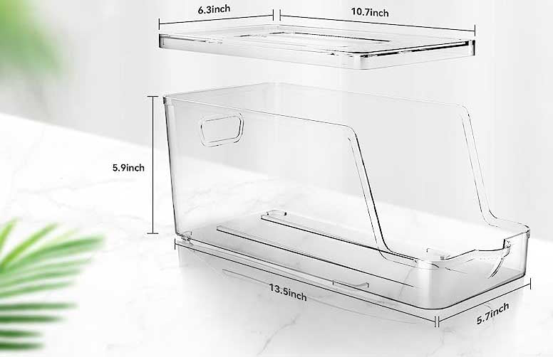 stackable with lids for saving space. There will be extra storage on the lid top, which maximizes the use of refrigerator storage space, Clear Plastic Refrigerator Organizer Bins, Beverage Can Holders for Pantry, Freezer, Kitchen, Cabinets Set of 2