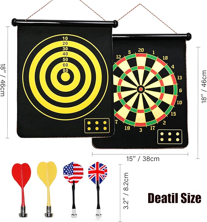 magnetic dart board-suitable for children and adults, it has no sharp thorns, Safe Dart Board 15'' with 12 Darts Double-Sided for Kids and Adults