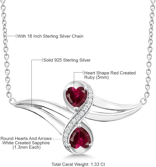 1.3x1.3mm Round Hearts And Arrows White Created Sapphire, White Created Sapphire 925 Sterling Silver 2 Heart Infinity Pendant