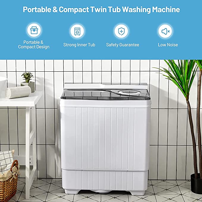 Washing Machine Semi-automatic, 28.5lbs Twin Tub Washer and Spin Dryer, Portable Laundry Washer with Built-in Drain Pump & Control Knobs, Semi-automatic Washing Machine for Apartment