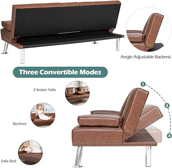 sofa set the most stable support it can get, Multifunctional Upholstered Guest Sofa Bed for Living Room, Office, Apartment, Folding Convertible Futon w/Cup Holders & Armrests