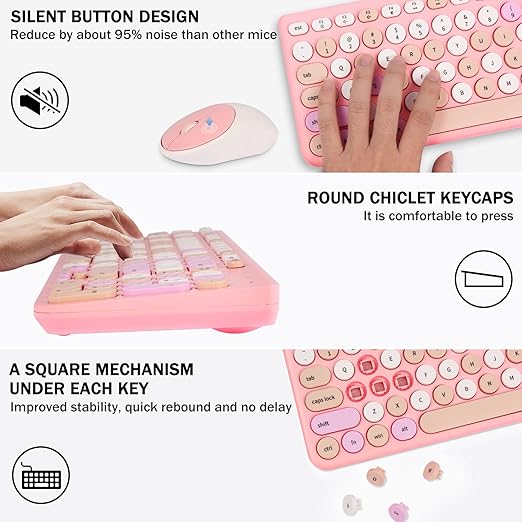 The retro round concave keycap matches the shape of your fingertips, and it is comfortable to press, Wireless Keyboard with Round Keycaps, 2.4GHz Full-Size USB Cute Wireless Keyboard Mouse for Computer, Desktop, Laptop and Computer