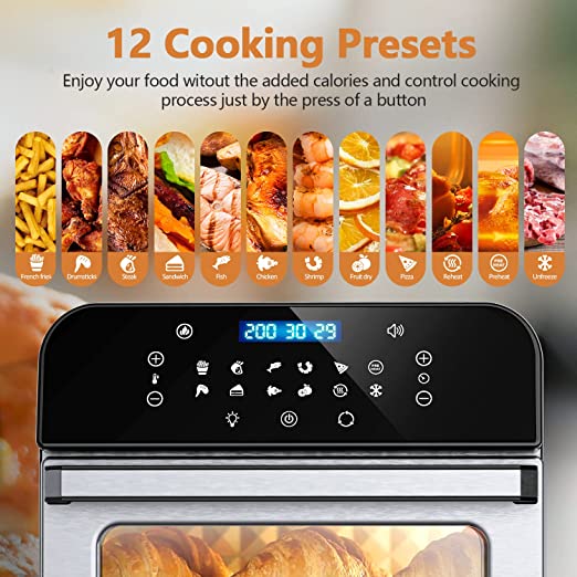 Whall Air Fryer,12 In-1 12QT Air Fryer Toaster Oven for Rotisserie, Roast, Bake and Dehydrate, Stainless Steel AirFryer with 12 Cooking & 5 Security Presets, Digital Touchscreen, Accessories & Recipes