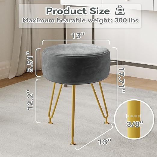 The vanity stool with its lightweight design is an eye-catching addition to your home environment,  Soft Footrest Golden Metal Leg with Anti-Slip Feet