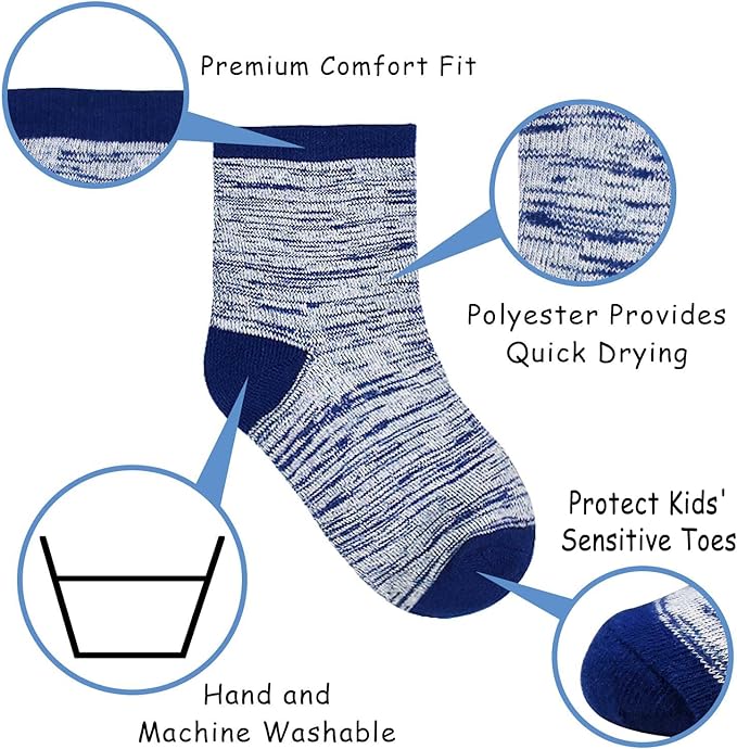 12 Pairs made from 78% cotton and 22% polyester, which is soft and friendly to children's skin, helps wicks moisture away, great thickness for all seasons wear. Keeps dry in summer, keeps warm in winter